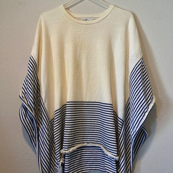 Vineyard Vines Merino Wool Poncho Sweater Shawl ML Navy Cream Striped Boho - Picture 1 of 4
